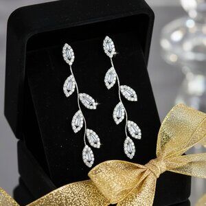 Leaf Drop Earrings Silver Plated S925 CZ Minimalist Statement Sparkling Dangles
